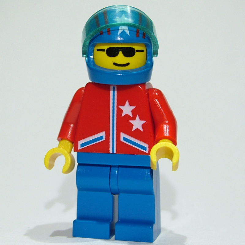 Lego Man, Red Jacket with Stars, Blue Legs, Blue Helmet with Stars and Visor, Sunglasses