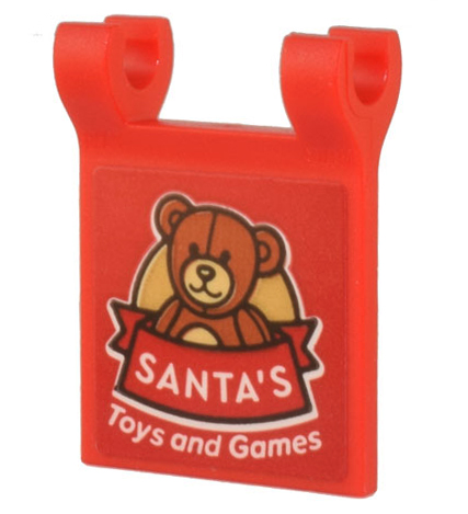 Lego Flag 2 x 2 Square with Flared Edge with Dark Orange Teddy Bear, Red Ribbon and White 'SANTA'S Toys and Games' Pattern (Sticker) - Set 10308