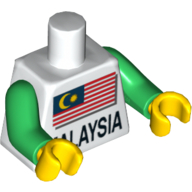 Lego Torso Malaysian Flag and 'MALAYSIA' Print, Green Arms, Yellow Hands / White