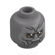 Minifig Head Doctor Doom, Metal Plating, Black Lined, Ribbits, Medium Brown Around Eyes / Flat Silver