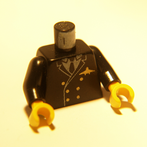Lego Torso Suit Jacket, Double Breasted, Tie, Gold Buttons and Airplane Pilot Logo Pin Print, Black Arms, Yellow Hands / Black