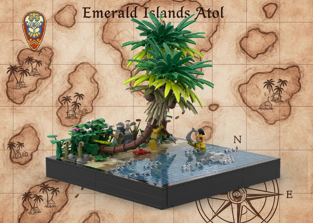 Lego 🏝️ TROPICAL SHORE - Modular Tropical Island with Isolated Rock Formation | 2 Palm Trees, Fishing Spot, Crystal Lagoon, Native Village Scene, 24x24cm | Connects to Paradise Cove
