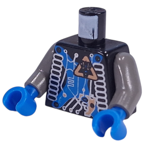 Lego Torso Insectoids Blue X with Hose on Sides Print, Dark Gray Arms, Blue Hands / Black