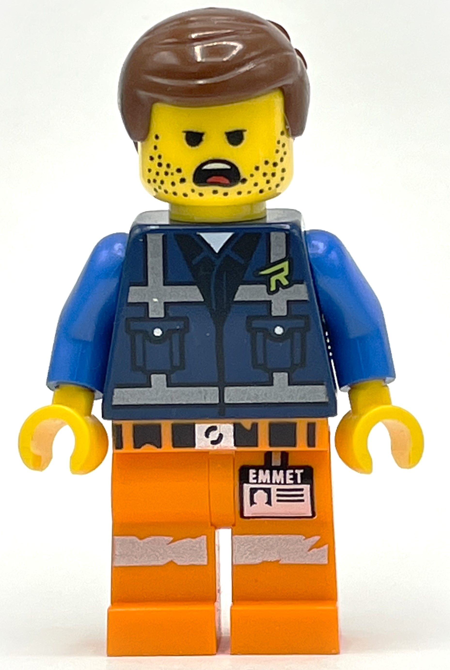 Lego Emmet, Dark Blue Rex Dangervest Vest, Smudged Stubble