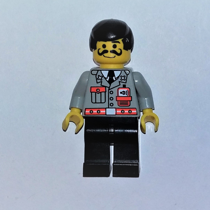 Lego Fireman, Light Gray Jacket with Radio and Pocket, Black Hair, Moustache