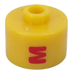 Pen Bead, Round Long, Flat Edge with Red 'M' Print / Yellow