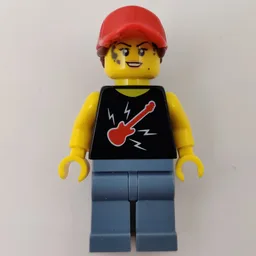 Woman, Black Top with Guitar, Sand Blue Legs, Red Cap with Hair