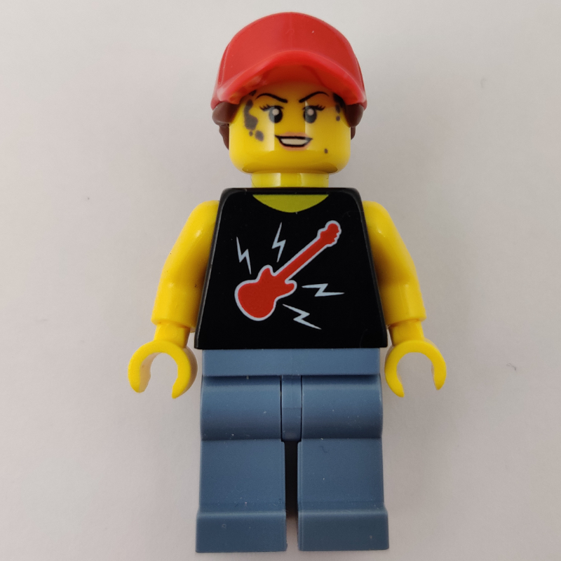 Lego Woman, Black Top with Guitar, Sand Blue Legs, Red Cap with Hair