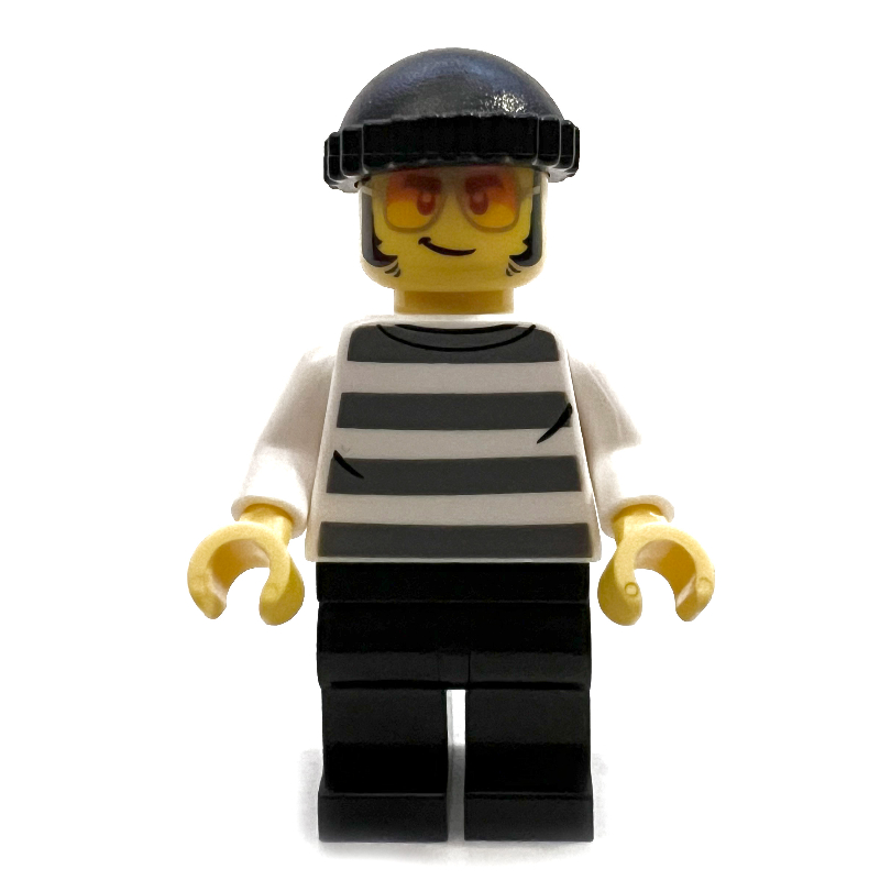 Lego Criminal, Prison Sweater, Black Legs, Black Beanie, Orange Glasses