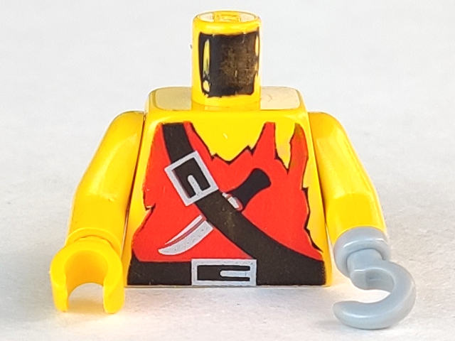 Lego Torso Pirate Red Tank Top Tattered, Black Belts with Silver Buckles, Knife Pattern / Yellow Arms / Light Gray Hook Left / Yellow Hand Right