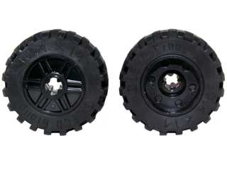 Lego Wheel 18mm D. x 14mm with Axle Hole, Fake Bolts and Shallow Spokes with Black Tire 30.4 x 14 Offset Tread Band Around Center of Tread (55982 / 92402)