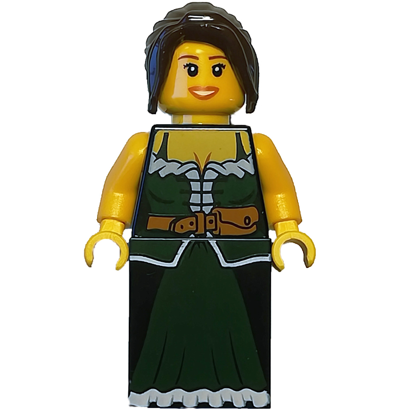 Lego Barmaid - Dark Green Torso, Dark Bluish Grey Slope for Legs, Dark Brown Hair