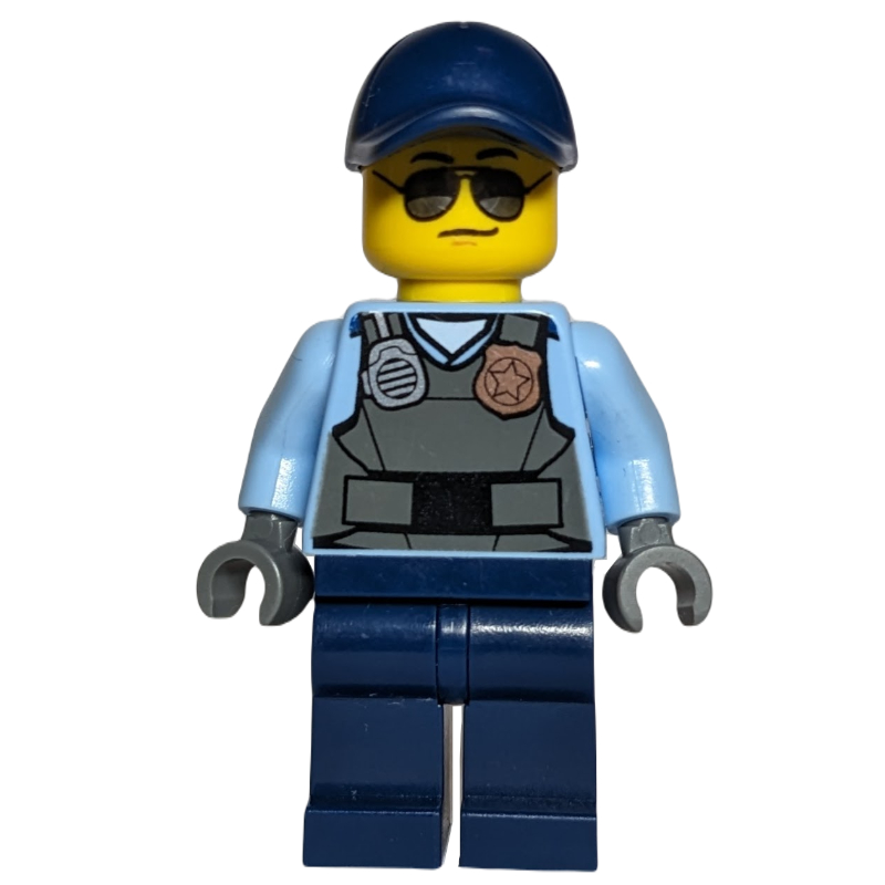 Lego Policeman, Dark Bluish Gray Vest with Radio, Badge, and 'POLICE' on Back over Medium Blue Shirt, Dark Blue Cap, Sunglasses