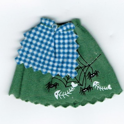Lego Belville, Skirt, Long with Spiders, Web and Fishbones Print with Blue and White Check Apron / Dark Green