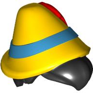 Lego Hair and Hat, Black Short, Medium Azure Band, Red Plume pattern / Yellow