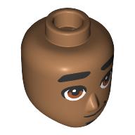 Lego Minidoll Head Male, Black Thick Eyebrows, Brown Eyes, Smirk / Medium Nougat