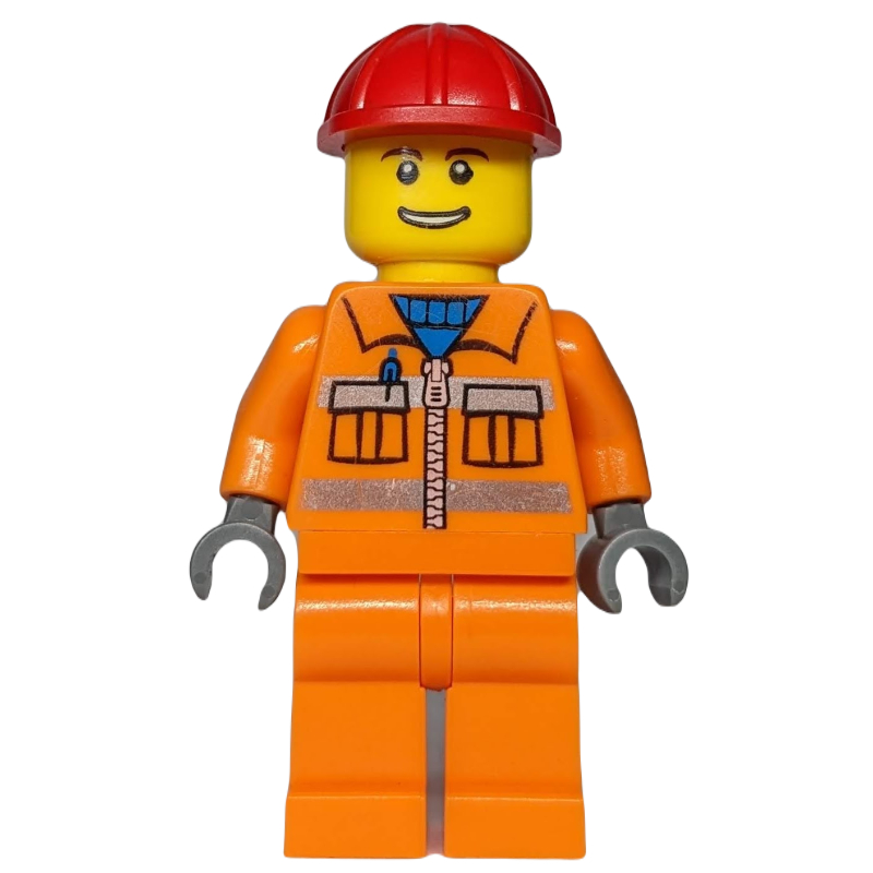 Lego Construction Worker, Orange Jacket with Zipper and Reflective Stripes, Red Hard Hat