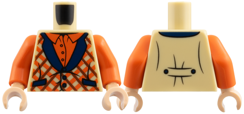 Lego Torso Vest with Dark Blue Collar and Pockets over Reddish Orange Shirt Pattern / Reddish Orange Arms / Light Nougat Hands