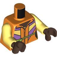 Lego Torso, jacket, Bright Light Yellow/Bright Pink Shapes, Lime Fanny Pack print, Bright Light Yellow Arms, Umber Brown Hands / Orange
