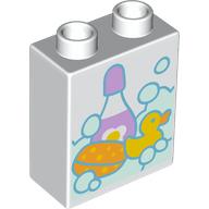 Lego Duplo Brick 1 x 2 x 2 with Bottom Tube with Bubbles, Sponge, Rubber Duck, and Bottle of Shampoo Print / White