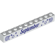 Lego Brick 1 x 10 with Dark Purple 'September' and 'October' Print on Opposite Sides / White