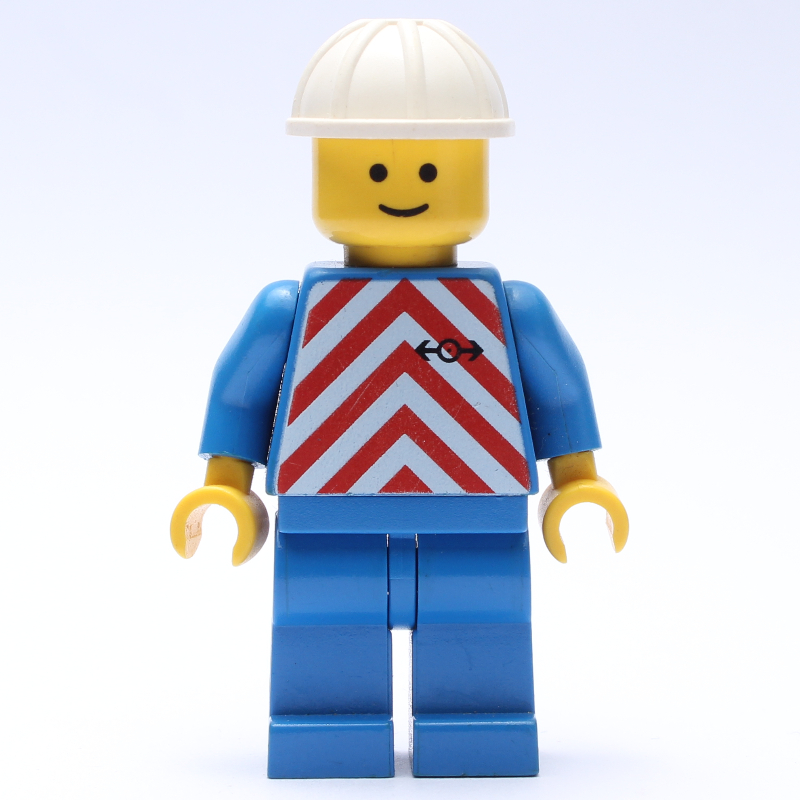 Lego Train Worker - Red Vest, Blue Legs, White Helmet, Plain Face