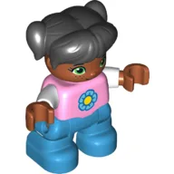 Duplo Figure Child with Ponytails and Bangs Black, with Top with White Sleeves and Yellow and Dark Azure Flower Print - Medium Nougat Face and Arms - Dark Azure Legs / Bright Pink