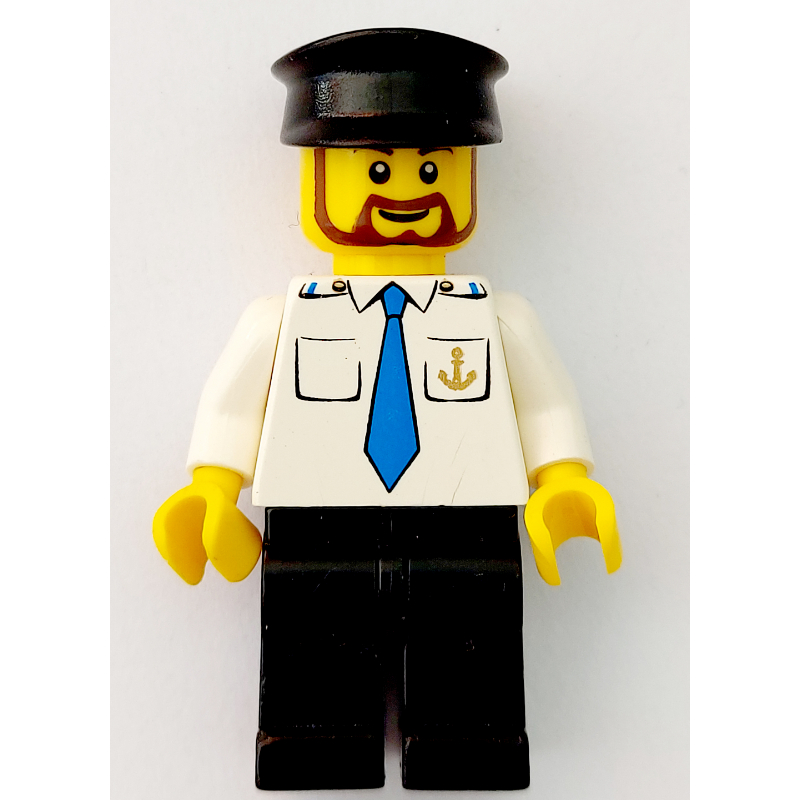Lego Ship Captain, White Shirt with Anchor and Tie, Black Legs, Black Hat, Beard
