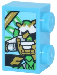 Brick 1 x 2 with White, Bright Green and Gold Lloyd's Titan Mech and Ninjago Logogram Letter L Pattern (Sticker) - Set 71837 / Medium Azure