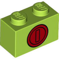 Lego Brick 1 x 2 with Red Coin Print / Lime