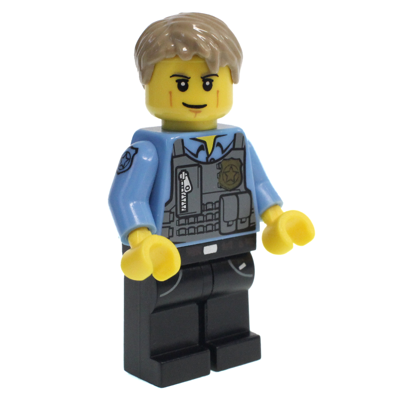 Lego Chase McCain, Dark Bluish Gray Vest with Radio, Badge and Pouches over Medium Blue Shirt, Black Legs