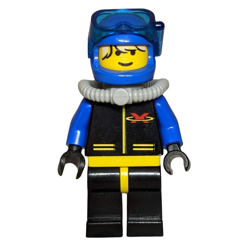 Lego Diver, Man, Black, Yellow, and Blue Wetsuit with Extreme Team Logo, Blue Helmet with Mask, Airtank