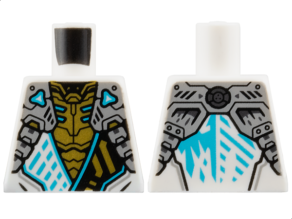 Lego Torso Armored Tunic with Light Bluish Gray Shoulder Panels, Medium Azure Trim and Gold Ninjago Logogram Letter Z over Chest Armor, Ice Dragon Logo on Back Pattern