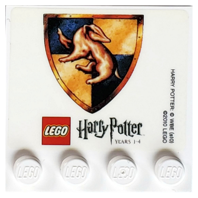 Lego Plate Special 4 x 4 with Studs on One Edge and 'LEGO Harry Potter Years 1 - 4' with Hufflepuff Crest Print (Sticker) / White