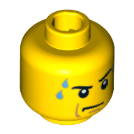 Lego Minifig Head, Stern Eyebrows, White Pupils, Frown, Sweat Drops Print / Yellow