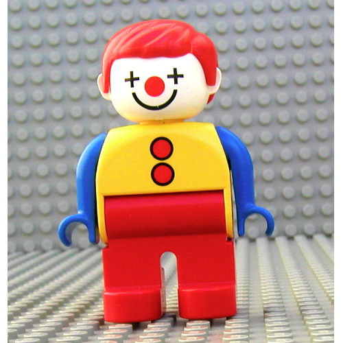 Lego Duplo Figure, Early, with Short Parted Hair Red, Red Legs, Red Buttons, Blue Arms, and Clown Face Print / Yellow