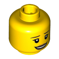 Lego Minifig Head Animal Control Officer, Dark Brown Eyebrows, Dark Tan Lips, Open Smile / Raised Eyebrow and Lips Print / Yellow