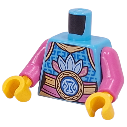 Lego Torso, Light Blue and Dark Pink Feathers, Dark Pink and Gold Sash, Dark Blue Hourglass on Light Blue Circle, Dark Blue Decorations print, Dark Pink Arms, Yellow Hands / Medium Azure