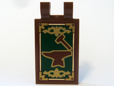 Lego Tile, Modified 2 x 3 with 2 U Clips with Hammer and Anvil and Gold Border Pattern (Sticker) - Set 10193