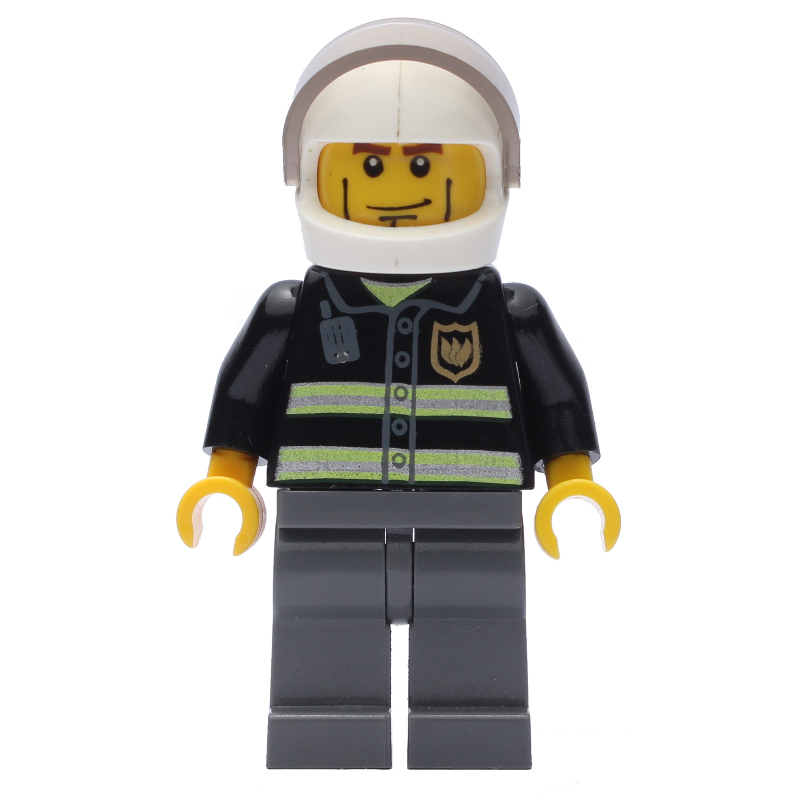 Lego Fireman, Black Fire Jacket with Reflective Stripes, Radio, and Badge, White Helmet with Visor, Cheek Lines, Dark BLuish Grey Legs