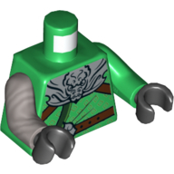 Lego Torso, Odd Arms, Robe, Reddish Brown Belt, Strap, Light Bluish Grey Cape Print (Lloyd), Left Green Arm, Right Flat Silver Arm, Black Hands / Green