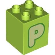 Duplo Brick 2 x 2 x 2 with Yellowish Green 'P' Print / Lime