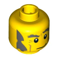 Minifig Head Detective, Dark Bluish Gray Eyebrows, Bushy Sideburns and Crooked Smile Print [Blocked Open Stud] / Yellow