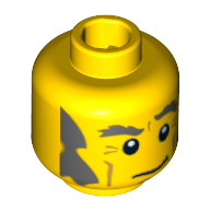 Lego Minifig Head Detective, Dark Bluish Gray Eyebrows, Bushy Sideburns and Crooked Smile Print [Blocked Open Stud] / Yellow