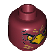 Lego Minifig Head Fluminox, Dual Sided, Phoenix with Orange Eyes, Gold Feathers and Yellow Beak, Neutral / Stern Print [Hollow Stud] / Dark Red