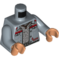 Lego Torso Jacket with Red Trim, Open over Light Bluish Gray Shirt, Belt, and Necklace Print, Sand Blue Arms, Nougat Hands / Sand Blue