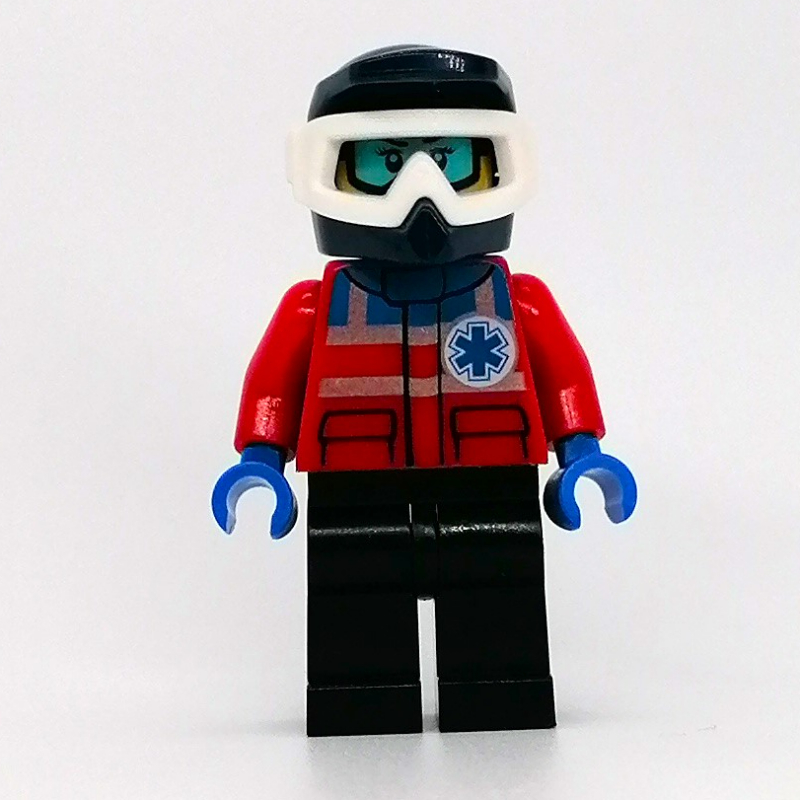 Lego Paramedic, Woman, Red Jacket with Star of Life, Dark Blue Dirt Bike Helmet with Snow Goggles, Printed Snow Goggles