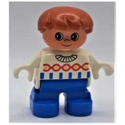 Duplo Figure, Early Child, Hair Swept Left Dark Orange, Blue Legs, Blue Stripes and Red Twist on Sweater Print / White