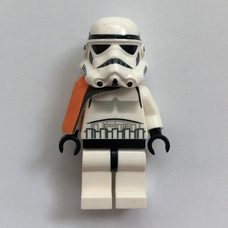 Lego Sandtrooper Squad Leader / Captain, Orange Pauldron, Neck Bracket, Plain Black Head, Dotted Mouth print