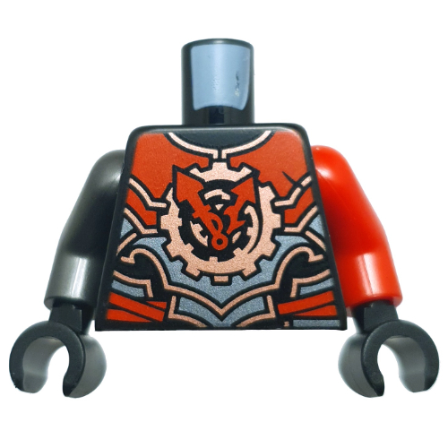 Lego Torso, Odd Arms, Red/Silver/Copper Armor, Gears/Clock with Red Dials print, Left Red Arm, Right Pearl Titanium Arm, Black Hands / Black